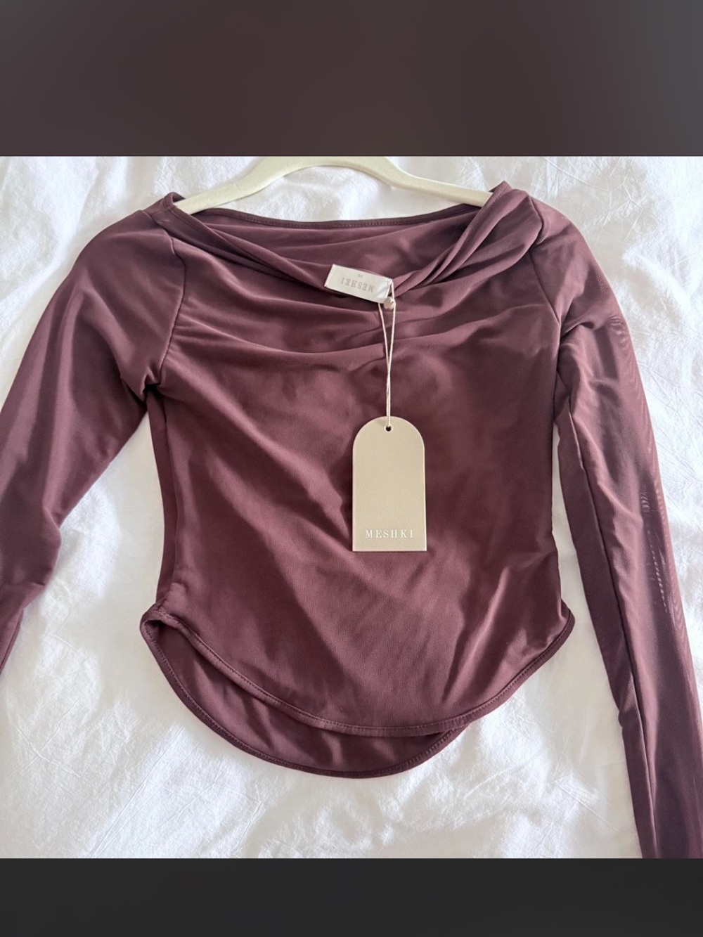 Meshki Long Sleeve Off-Shoulder Top in burgundy